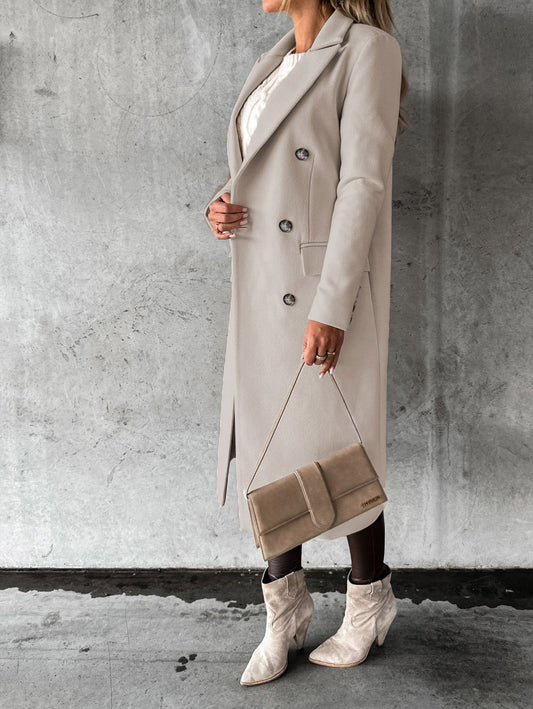 Khazora luxury Women’s Double-Breasted Korean style Long Coat – Elegant Winter Wear