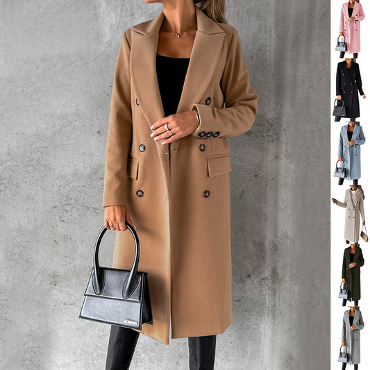 Khazora luxury Women’s Double-Breasted Korean style Long Coat – Elegant Winter Wear